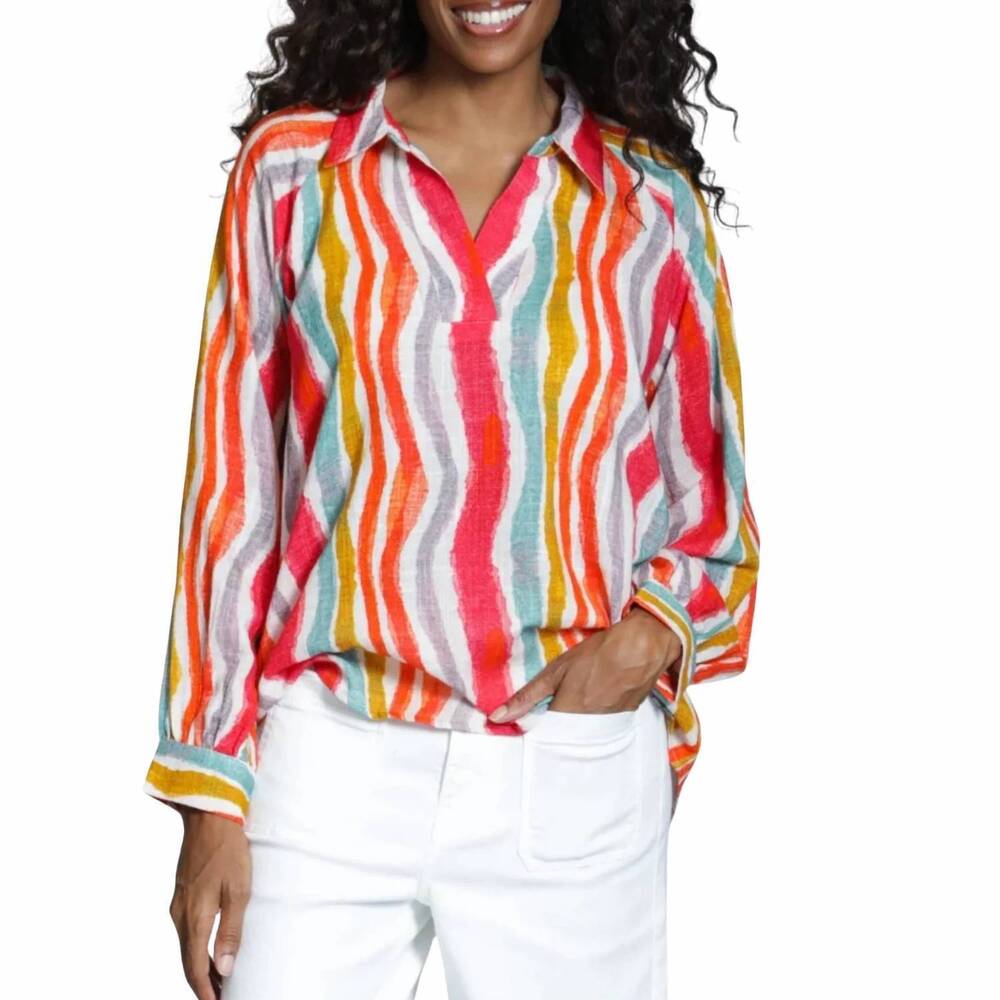 NEW APNY half-plaket pullover blouse in hibiscus multi - Picture 1 of 3